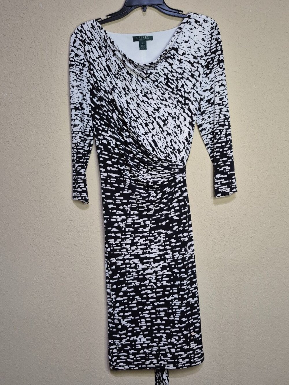 Lauren Ralph Lauren Dress - Size 12 - Black & White, 3/4 Sleeve, Cowl Neck